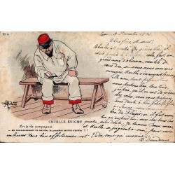 CPA humoristique militaire Cruelle Énigme, conscrit à l’école de compagnie, circulée en 1903