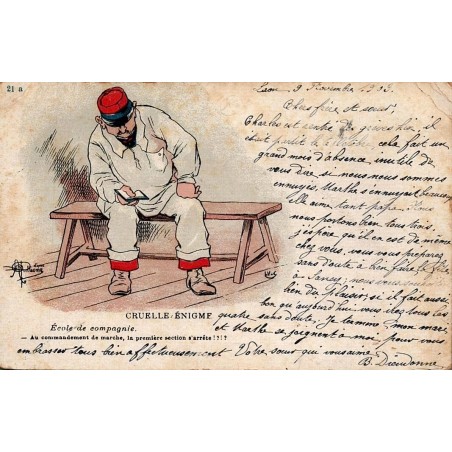 CPA humoristique militaire Cruelle Énigme, conscrit à l’école de compagnie, circulée en 1903