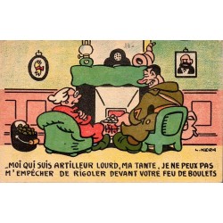 CPSM humoristique d’un artilleur lourd plaisantant devant un feu de boulets, dessin de L. Kern