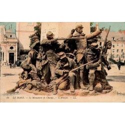 CPA colorisée du monument de Chanzy au Mans, groupe sculpté de l’Attaque, circulée en 1915
