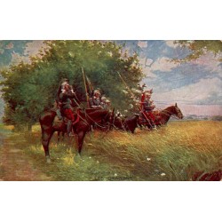 CPA colorisée Les Dragons montrant des cavaliers français en reconnaissance à la lisière d’un bois