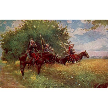 CPA colorisée Les Dragons montrant des cavaliers français en reconnaissance à la lisière d’un bois