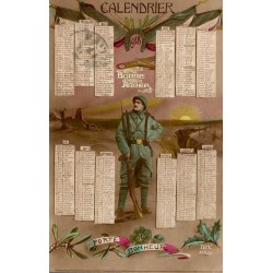 CPA calendrier 1918 avec soldat français, drapeaux, fer à cheval et message Bonne Année porte-bonheur