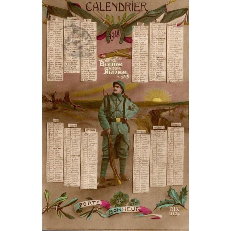 CPA calendrier 1918 avec soldat français, drapeaux, fer à cheval et message Bonne Année porte-bonheur