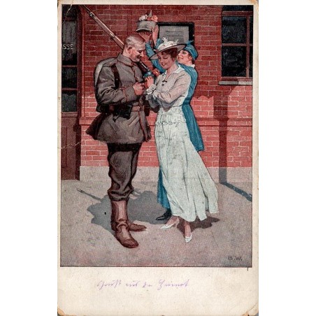 CPA allemande de B. Wennerberg montrant un soldat prenant congé de deux femmes avant son départ en 1916