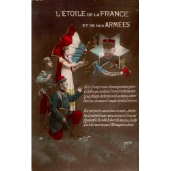 CPA patriotique L’Étoile de la France avec soldats, allégorie tricolore et portrait du général Joffre