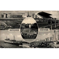 CPSM Bonjour d’Ostende avec plage, hippodrome, parc et navire en multivues