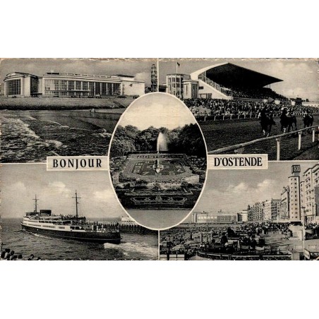 CPSM Bonjour d’Ostende avec plage, hippodrome, parc et navire en multivues