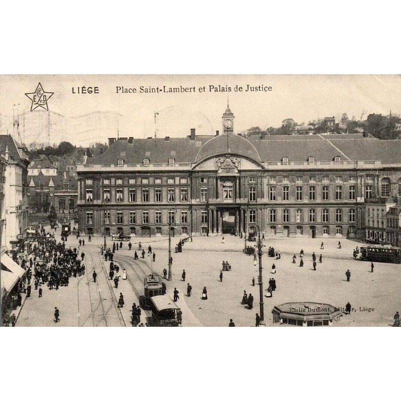 CPA Liège place Saint-Lambert animée avec Palais de Justice et tramways
