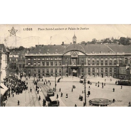 CPA Liège place Saint-Lambert animée avec Palais de Justice et tramways