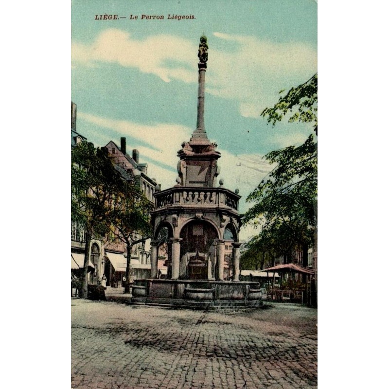 CPA colorisée de Liège montrant le Perron liégeois sur la place du Marché