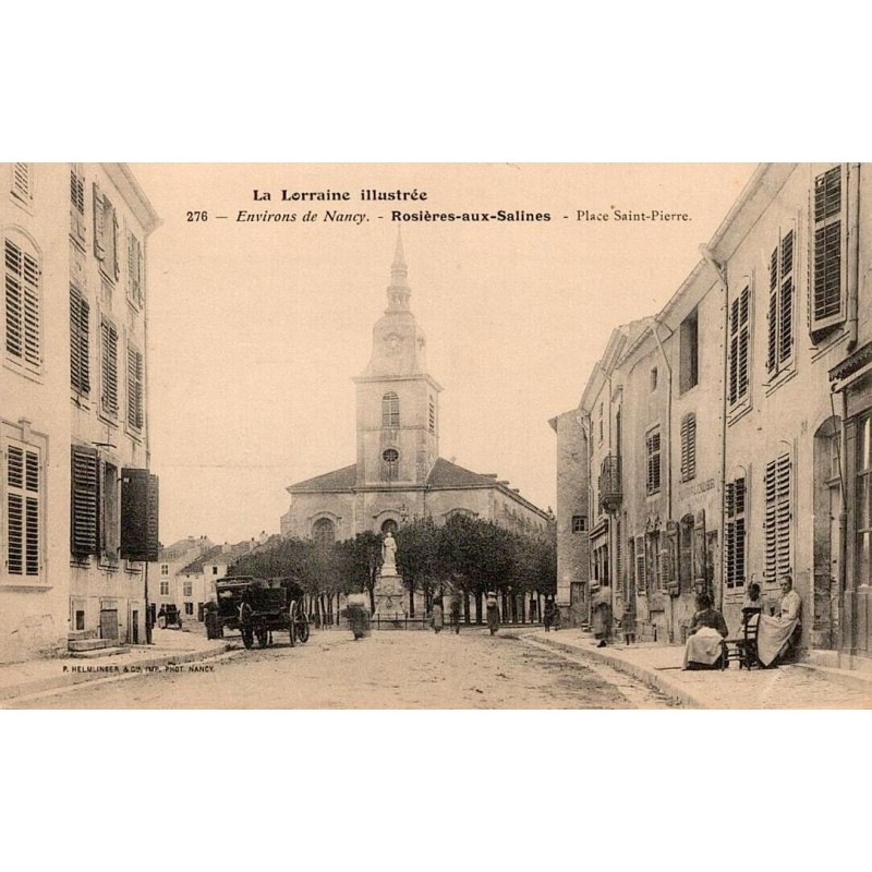 CPA Rosières-aux-Salines montrant la place Saint-Pierre, l’église et un attelage