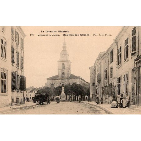 CPA Rosières-aux-Salines montrant la place Saint-Pierre, l’église et un attelage