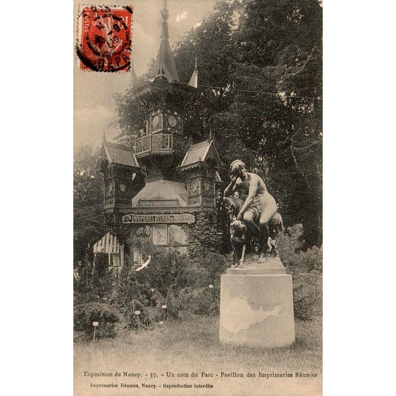 CPA circulée Exposition de Nancy 1909 pavillon des Imprimeries Réunies
