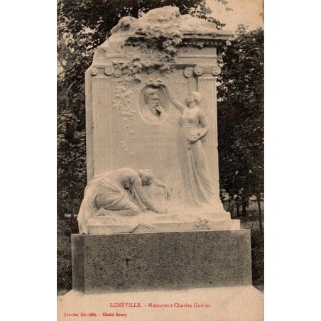 CPA Lunéville monument Charles Guérin, stèle sculptée dans un parc en 1911