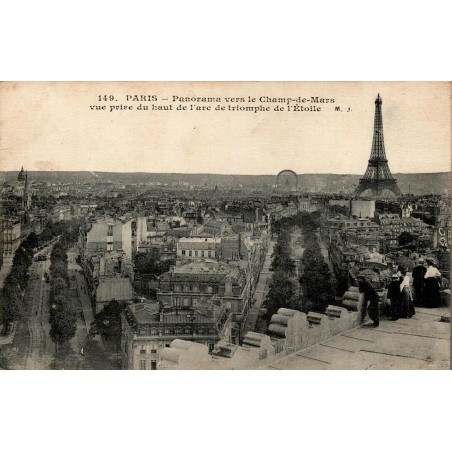 CPA panorama de Paris depuis l’Arc de Triomphe vers la tour Eiffel