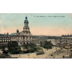 CPA Paris place et église de la Trinité avec tramway Belle Époque