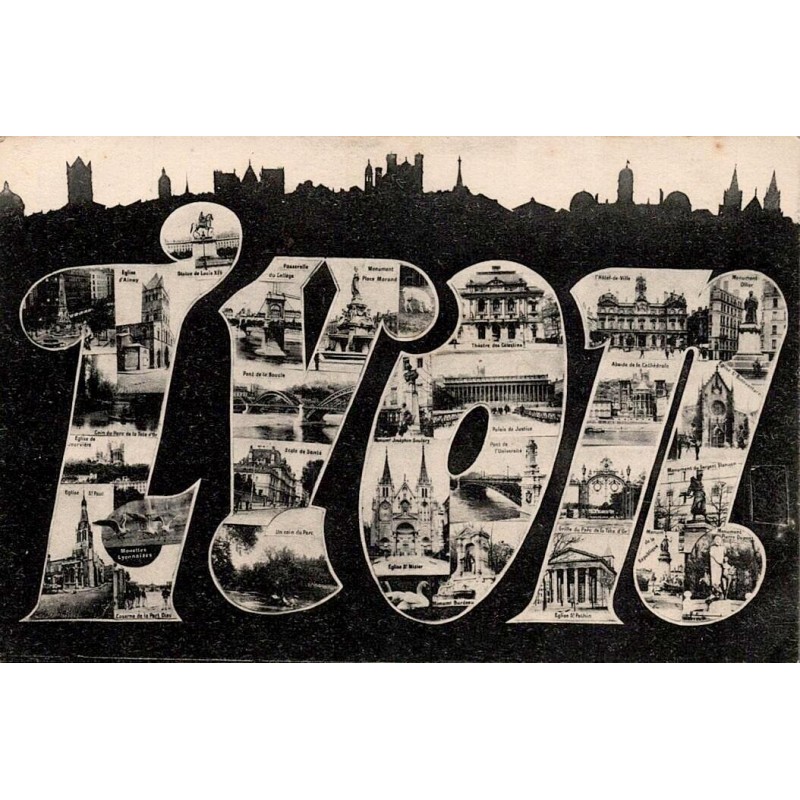 CPA Lyon carte souvenir mot LYON en lettres decoupees avec vues des monuments et Basilique de Fourviere