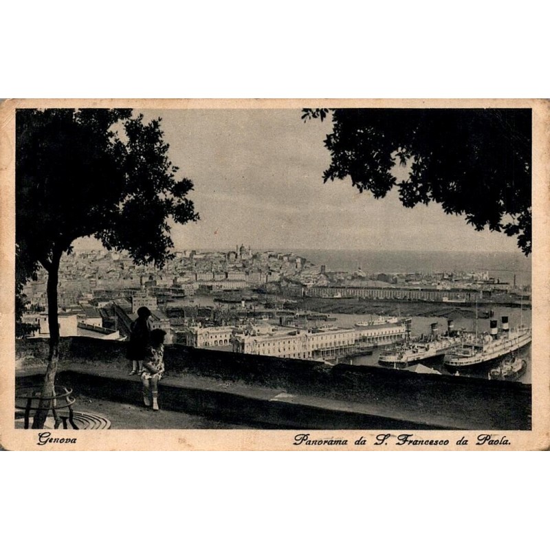 CPA Genes Italie panorama sur le port et paquebots depuis San Francesco da Paola avec enfants au premier plan
