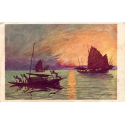 CPA Tonkin soleil couchant jonques traditionnelles et pecheurs peinture M Salge edition Vuibert Indochine
