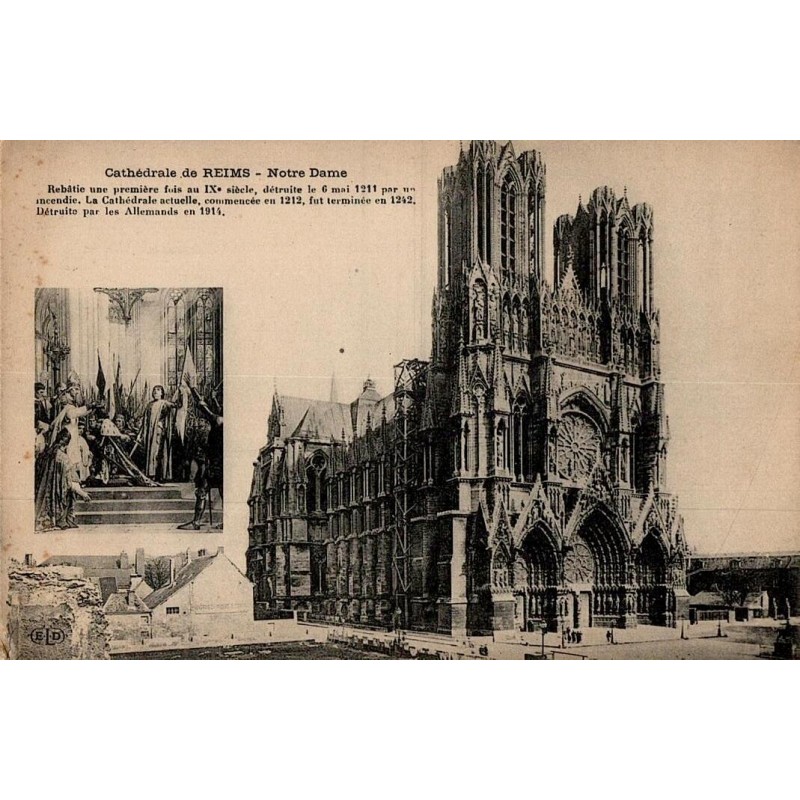 Carte postale ancienne de l’Église Saint-Thomas en ruines à Reims, prise depuis l’Avenue de Laon