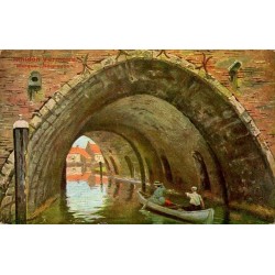 CPA publicitaire belge Amidon Vermeire Hamme, barque sous un pont sur un canal