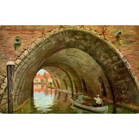 CPA publicitaire belge Amidon Vermeire Hamme, barque sous un pont sur un canal