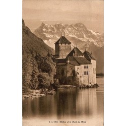 CPA château de Chillon et Dent du Midi, lac Léman, Suisse, carte circulée en 1912
