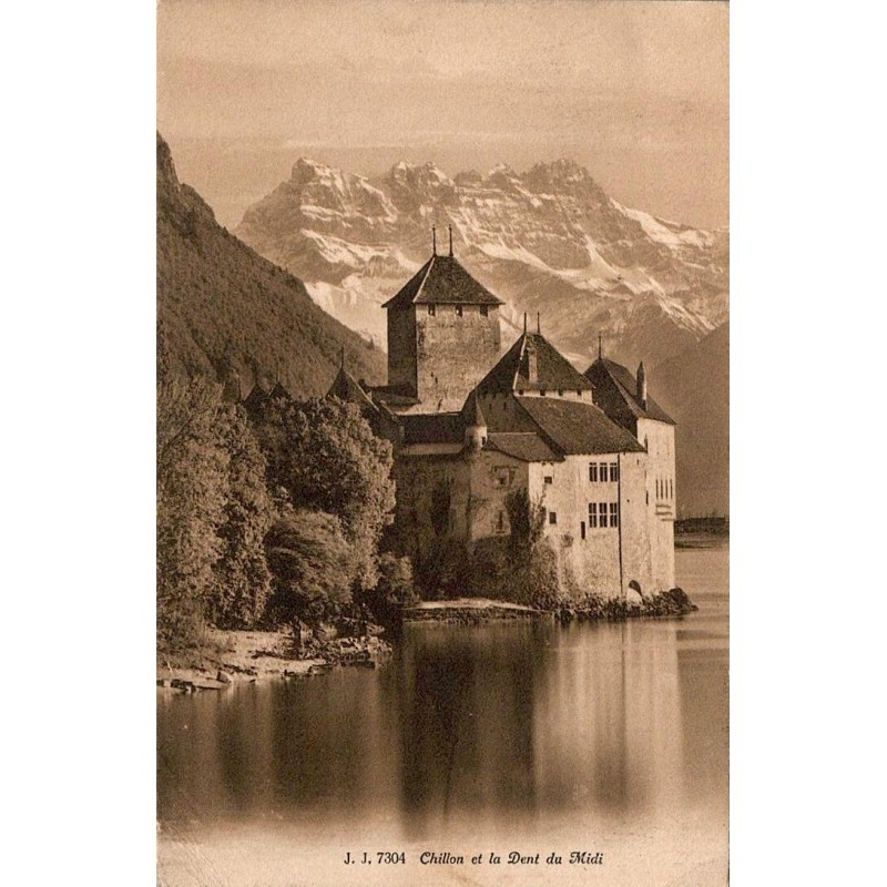 CPA château de Chillon et Dent du Midi, lac Léman, Suisse, carte circulée en 1912
