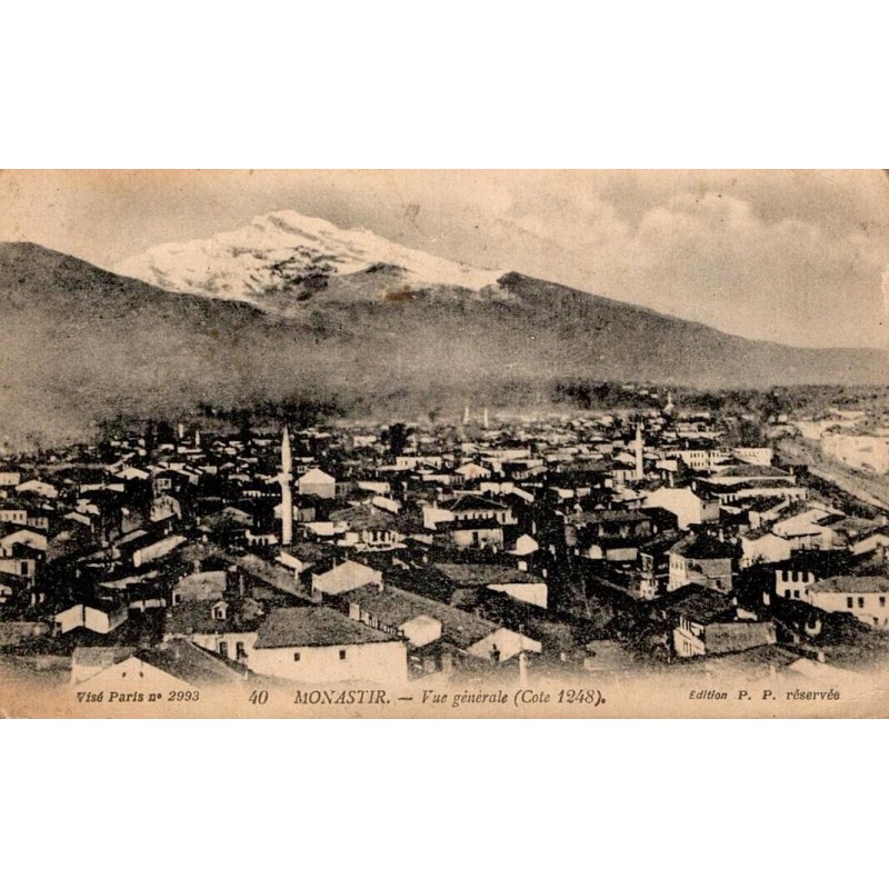 CPA Monastir actuelle Bitola, vue générale avec minarets et montagne enneigée, 1918