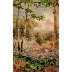 CPA illustrée ancienne, femme et enfant dans un sous-bois fleuri aux couleurs douces