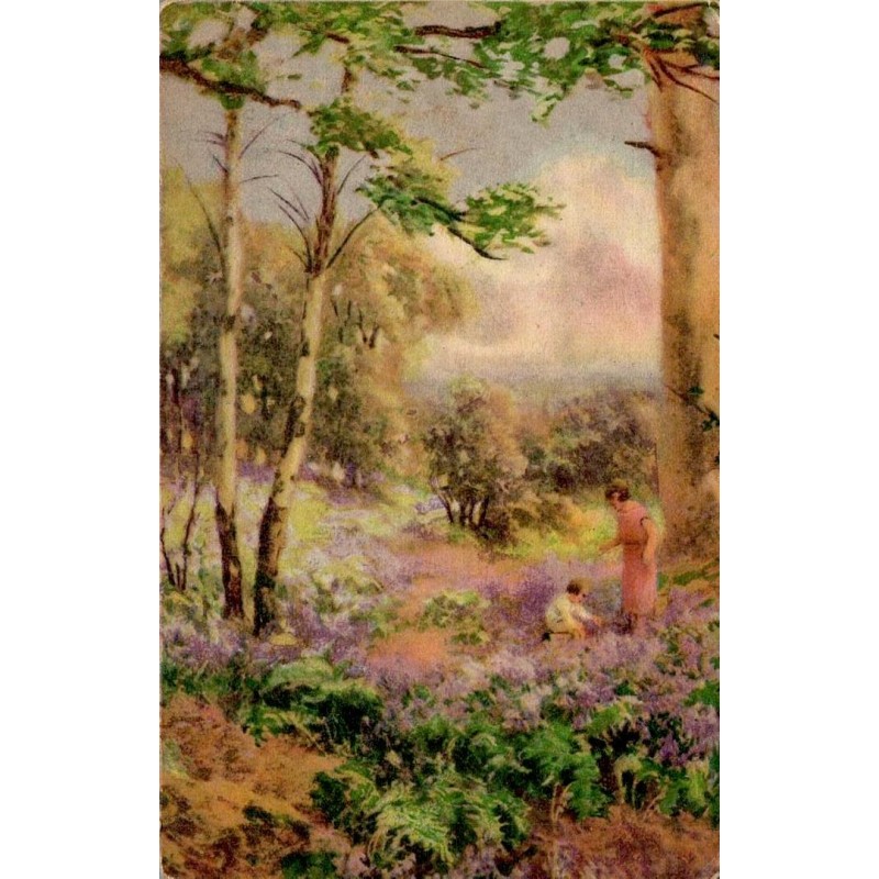 CPA illustrée ancienne, femme et enfant dans un sous-bois fleuri aux couleurs douces