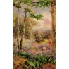 CPA illustrée ancienne, femme et enfant dans un sous-bois fleuri aux couleurs douces