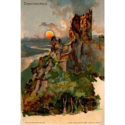 CPA illustrée du Drachenfels près de Königswinter, ruines sur le Rhin au soleil couchant