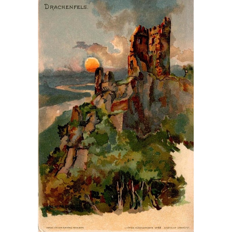 CPA illustrée du Drachenfels près de Königswinter, ruines sur le Rhin au soleil couchant