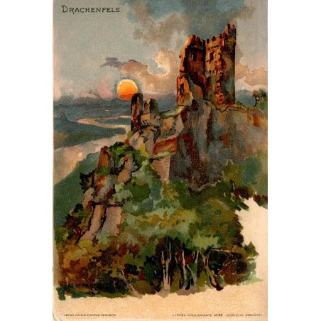CPA illustrée du Drachenfels près de Königswinter, ruines sur le Rhin au soleil couchant