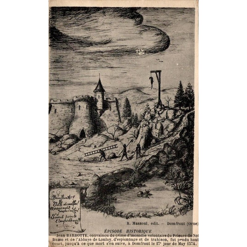 CPA Domfront Orne, épisode historique de la pendaison de Jean Barbotte en 1574