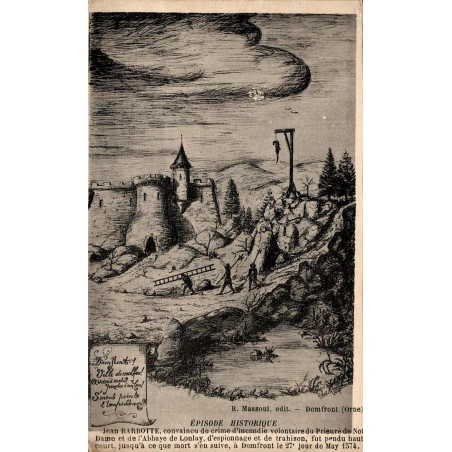 CPA Domfront Orne, épisode historique de la pendaison de Jean Barbotte en 1574