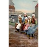 CPA Marken Pays-Bas, jeunes filles en coiffes, sabots et costumes traditionnels néerlandais