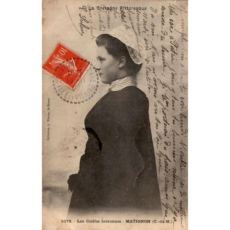 CPA Matignon Côtes-d’Armor, portrait de jeune femme en coiffe bretonne, carte circulée