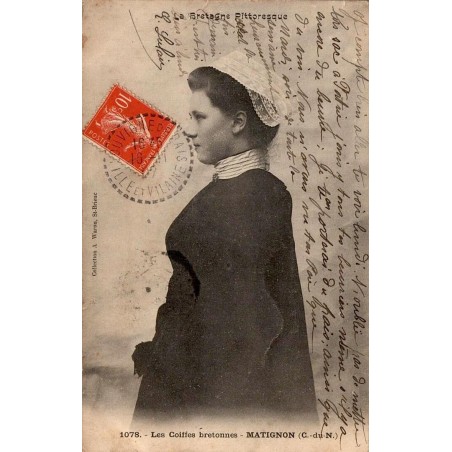 CPA Matignon Côtes-d’Armor, portrait de jeune femme en coiffe bretonne, carte circulée