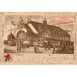 CPA Exposition de Düsseldorf 1902 montrant la Festhalle avec timbre allemand et oblitération spéciale Ausstellung