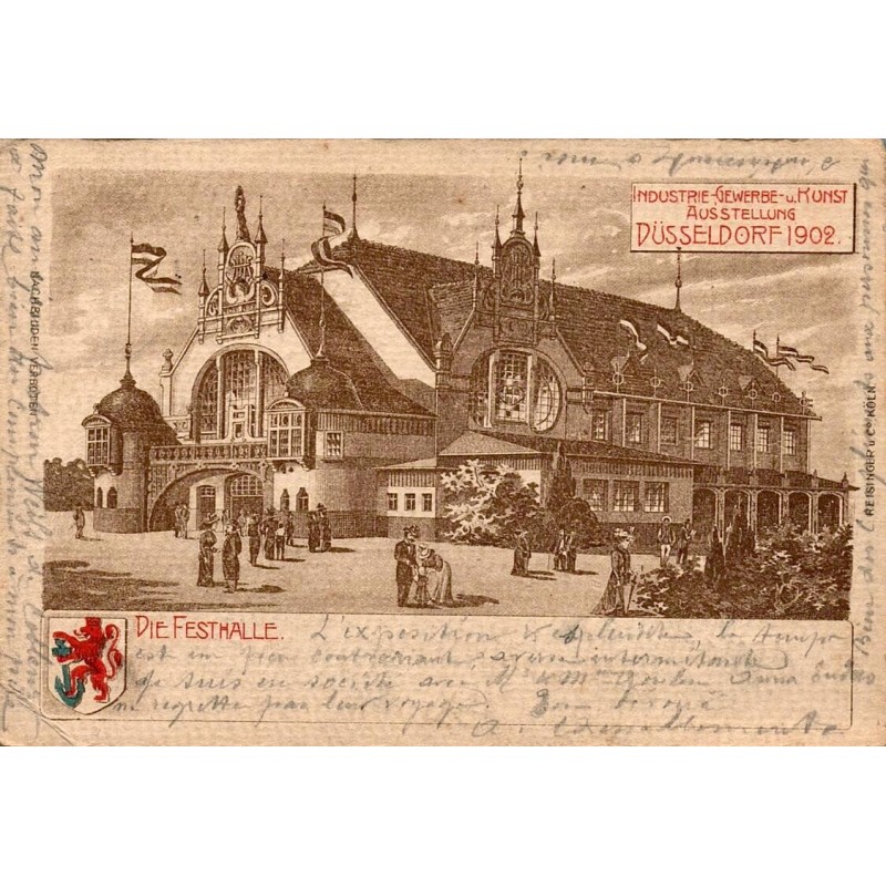 CPA Exposition de Düsseldorf 1902 montrant la Festhalle avec timbre allemand et oblitération spéciale Ausstellung
