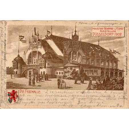 CPA Exposition de Düsseldorf 1902 montrant la Festhalle avec timbre allemand et oblitération spéciale Ausstellung