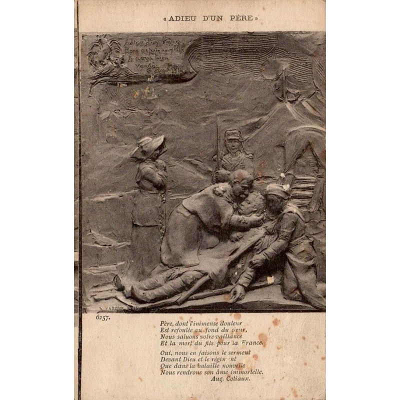 CPA Adieu d’un Père, soldat français mourant, scène patriotique et poème d’Auguste Cotiaux, guerre 1914-1918
