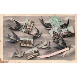 CPA Paris fantaisie avec hirondelles et vues miniatures de monuments parisiens, circulée en 1906