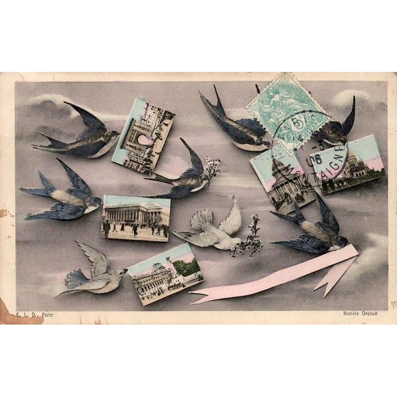 CPA Paris fantaisie avec hirondelles et vues miniatures de monuments parisiens, circulée en 1906