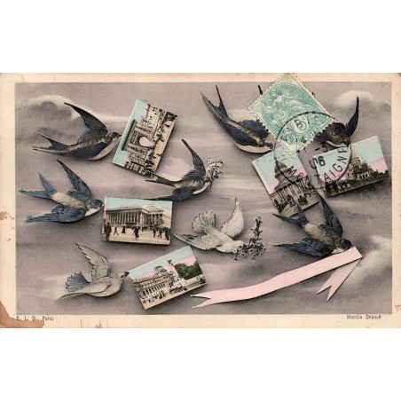CPA Paris fantaisie avec hirondelles et vues miniatures de monuments parisiens, circulée en 1906