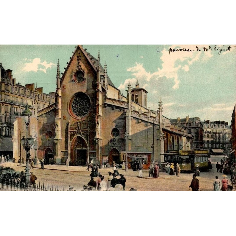 CPA Paris église Saint-Laurent avec tramway et passants, vue colorisée ancienne du 10e arrondissement