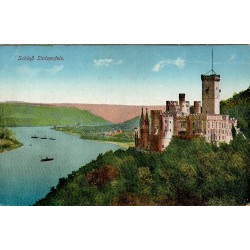 CPA château de Stolzenfels près de Coblence dominant le Rhin avec bateaux, Allemagne, vue colorisée